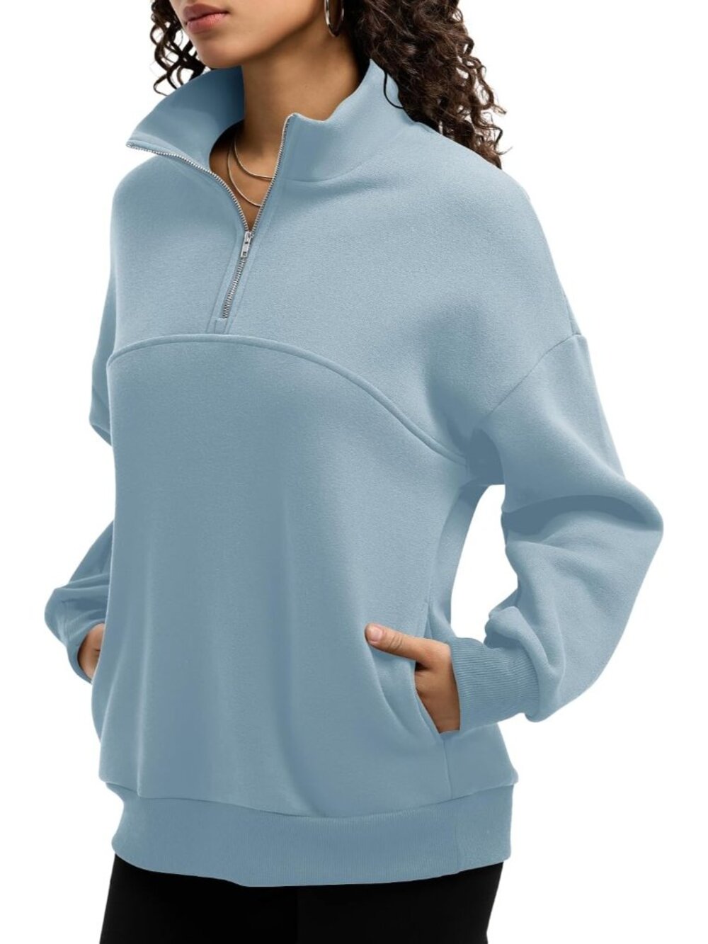 🆕Women's Light Blue Fleece Quarter Zipper Pullover Oversized Half Zip Hoodie